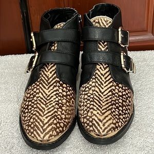 Sol Sana Leather & Calf Hair  Double Buckle Ankle Bootie, EUC Size 7.5